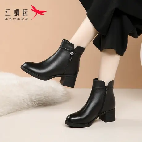红蜻蜓女靴冬季靴子女高跟粗跟洋气小短靴中筒棉靴真皮加绒妈妈鞋图片