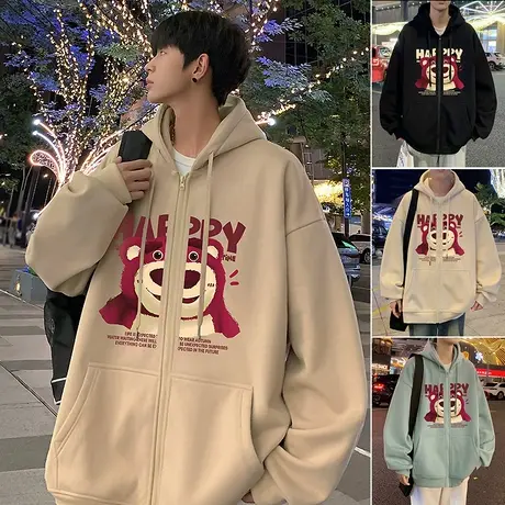 卡通草莓熊连帽卫衣外套男秋冬季美式潮牌宽松休闲拉链开衫上衣服商品大图