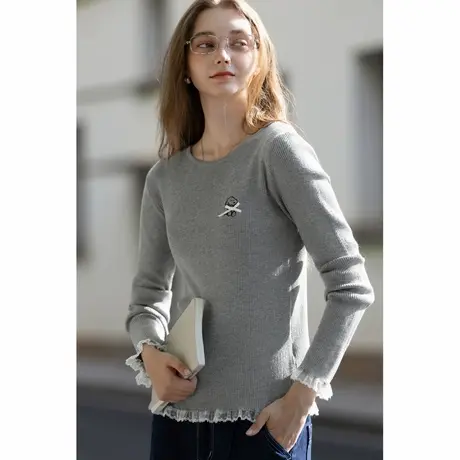 【史努比联名款】唐狮秋冬季打底衫女圆领蕾丝花边蝴蝶结打底TMTA商品大图