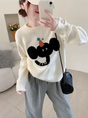 复古提花卡通圆领毛衣女秋冬2023新款宽松显瘦软糯打底针织衫上衣商品大图