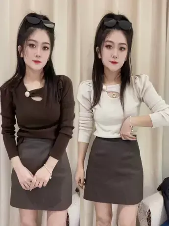 小香风纯色镂空圆领泡泡长袖T恤女2023秋季新款正肩显瘦百搭上衣商品大图