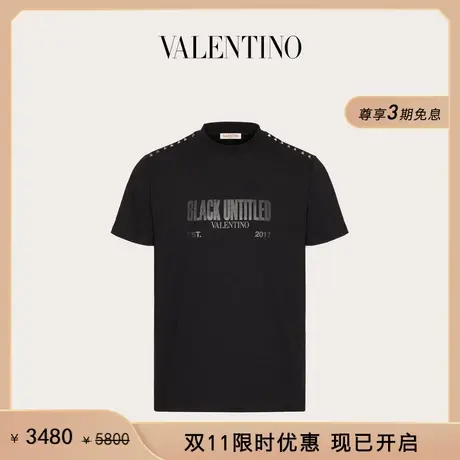【限时优惠】华伦天奴VALENTINO男士 BLACK UNTITLED 铆钉棉质T恤图片