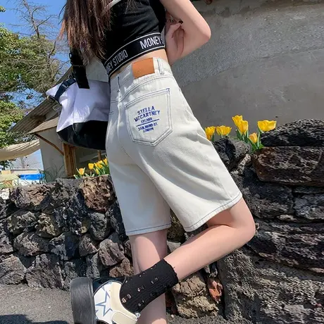 白色高腰牛仔短裤女2023夏季薄款高腰显瘦宽松直筒外穿五分中裤潮商品大图