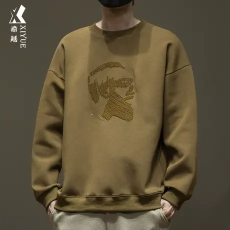 希越液态棉重磅卫衣男设计感圆领美式长袖秋冬加绒打底衫宽松大码商品大图