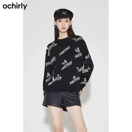 【七七酱专享】欧时力熊猫纹羊毛毛衣新款秋装上衣宽松蓬松保暖商品大图