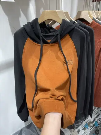 连帽刺绣笑脸撞色系带双面德绒卫衣女2023秋冬新款宽松保暖上衣潮商品大图