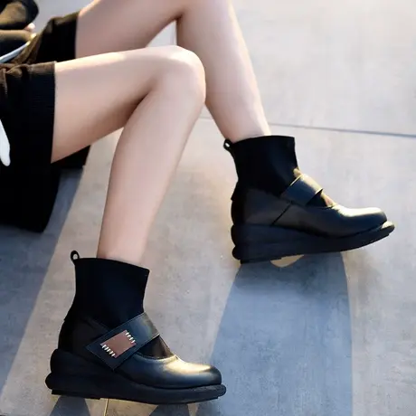 Artmu阿木断码清仓女鞋弹力靴女短靴魔术贴厚底坡跟女靴子皮靴图片