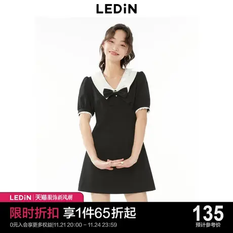 乐町气质翻领连衣裙2023夏季新款黑色千金风连衣裙OL黑色短袖裙商品大图