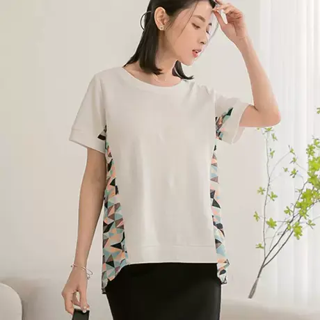 桔熊夏季通勤几何印花雪纺拼接短袖t恤宽松套头上衣女大码AB16953商品大图