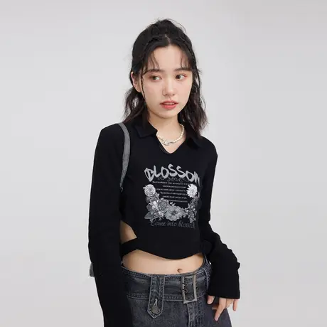 修身超短t恤女又甜又辣黑色v领设计感美式短款辣妹独特别致小上衣商品大图