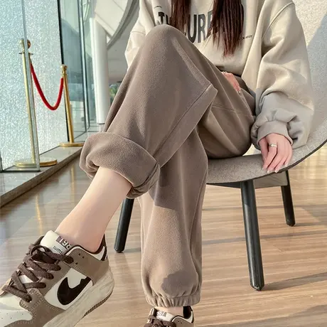 束脚加绒运动裤女冬季外穿加厚摇粒绒保暖小个子高腰哈伦卫裤商品大图