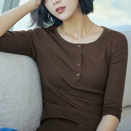 雀后七分袖T恤女圆领2023春装新款黑针织打底衫修身百搭中袖上衣商品大图