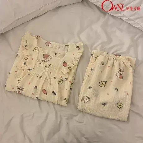 ins日系睡衣女春秋季小兔可爱清新长袖棉宫廷风家居服商品大图