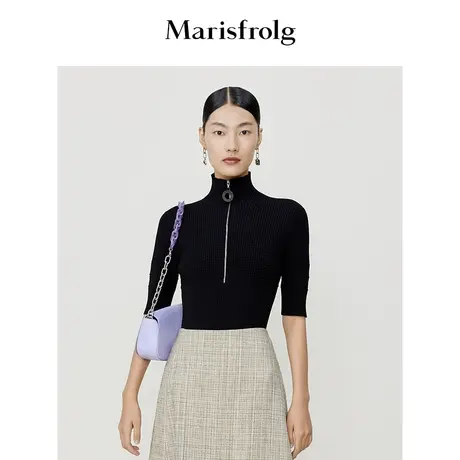 【商场同款】玛丝菲尔2023年夏季新款黑色简约修身针织内搭上衣女商品大图