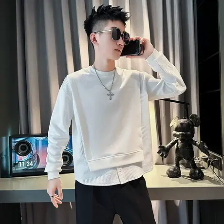 秋季男卫衣外套上衣套头潮流休闲春秋款假两件打底衫拼接长袖T恤商品大图