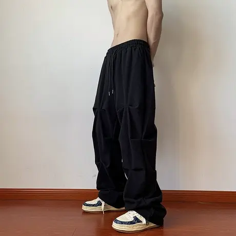 设计感春秋季裤子男潮流新款宽松百搭黑色休闲长裤港风垂感拖地裤商品大图