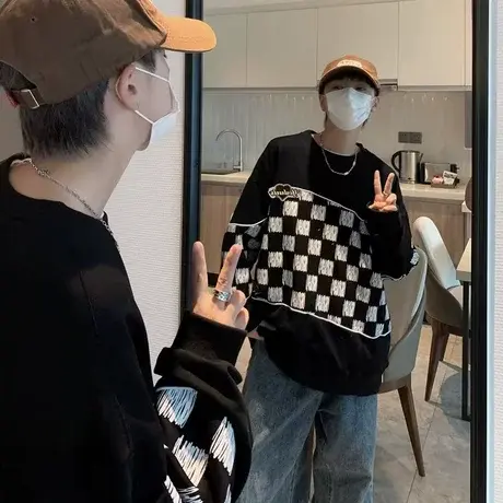 高街设计感秋冬季宽松卫衣男宽松格子内搭休闲打底衫潮流长袖上衣商品大图