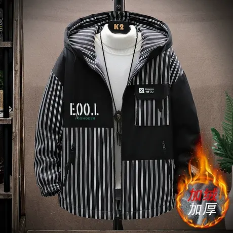 条纹棉衣外套男2022新款冬季羊羔毛加绒加厚潮流拼接撞色棉袄男装商品大图