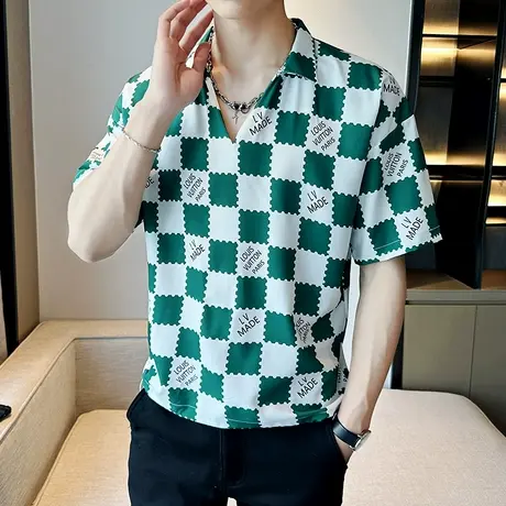 新款拼色V领帅气夏装短袖男式潮牌带领POLO衫宽松男装半袖格子t恤商品大图