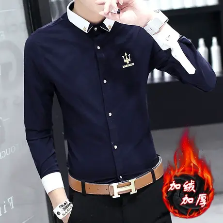 男士秋冬长袖衬衫韩版潮流修身加绒衬衣发型师加厚绣花休闲寸衫商品大图
