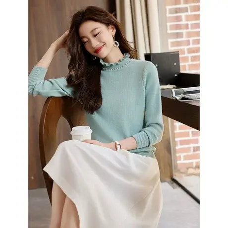 时尚气质毛衣2023年冬季新款女加绒花边立领温柔百搭保暖套头上衣商品大图