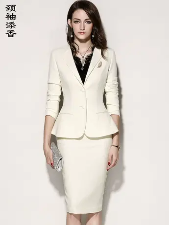 颈袖添香2023春秋时尚气质女神范经理职业套装白色小西装套裙商品大图