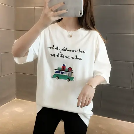 夏季短袖T恤女字母刺绣上衣2023新款韩版宽松学生百搭打底体恤衫图片