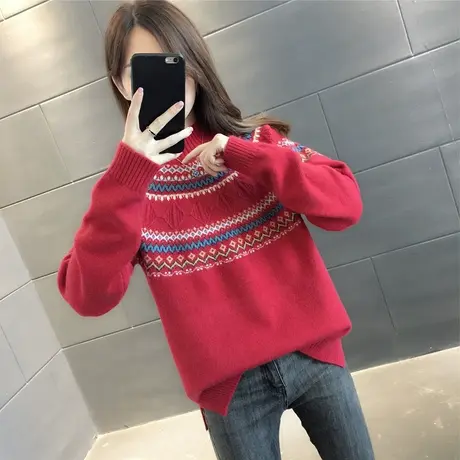 半高领提花针织套头圆领上衣2023年秋冬新款韩版开叉毛衣打底上衣商品大图