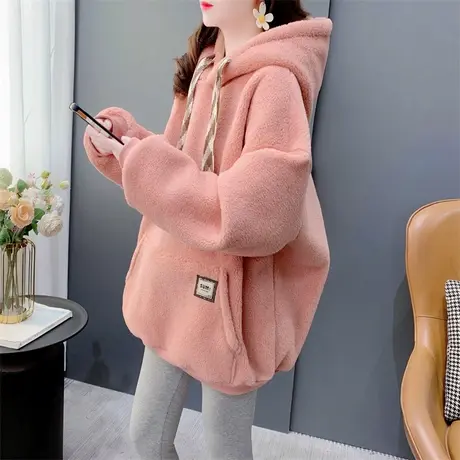 加绒加厚连帽卫衣女2023年新款秋冬爆款洋气宽松设计感羊羔毛外套图片