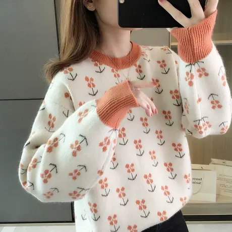 秋冬女士毛衣宽松套头慵懒风加厚上衣外穿2023新款爆款洋气针织衫商品大图