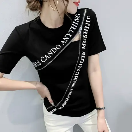 时尚拉链开叉T恤女短袖夏装小心机镂空上衣洋气修身丅恤半袖ins潮商品大图
