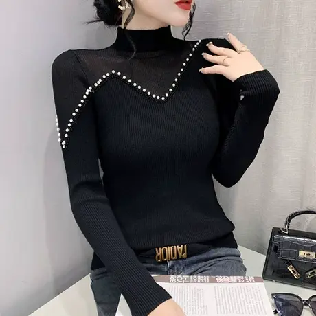 半高领打底衫女秋冬气质性感镂空毛衣套头设计感网纱拼接针织上衣图片