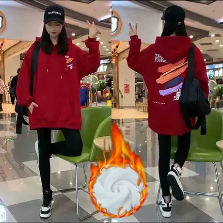 爆款刷漆印花连帽加绒卫衣女2023秋冬新款宽松遮肉洋气上衣外套潮商品大图