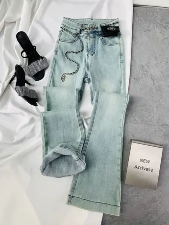 美式链条腰包牛仔加绒喇叭裤女2023冬季新款显瘦百搭高腰微喇长裤商品大图