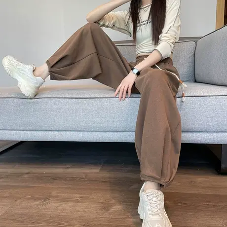 卡其松紧腰抽绳哈伦裤女2024年秋季新款小个子高腰宽松显瘦休闲裤商品大图