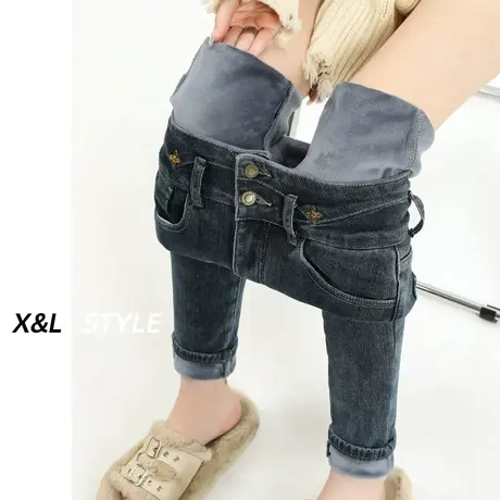 小脚加绒牛仔裤女冬季2023年新款设计感外穿加厚高腰显瘦铅笔裤子图片