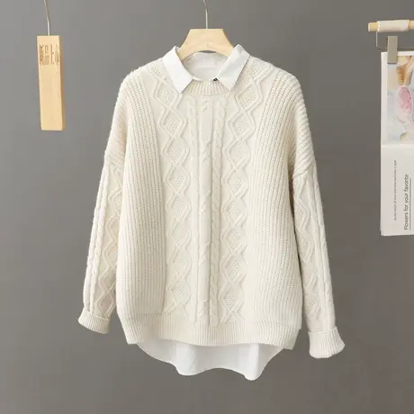 纯色菱形格毛衣女2024年秋冬新款圆领套头宽松慵懒打底衫外搭上衣图片