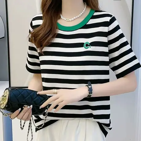 韩版条纹撞色圆领短袖T恤女2023夏季宽松字母刺绣冰丝棉百搭上衣商品大图