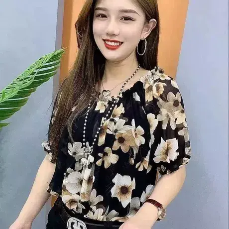2024夏季新款时尚百搭V领印花宽松上衣女气质荷叶边短袖雪纺衬衫商品大图