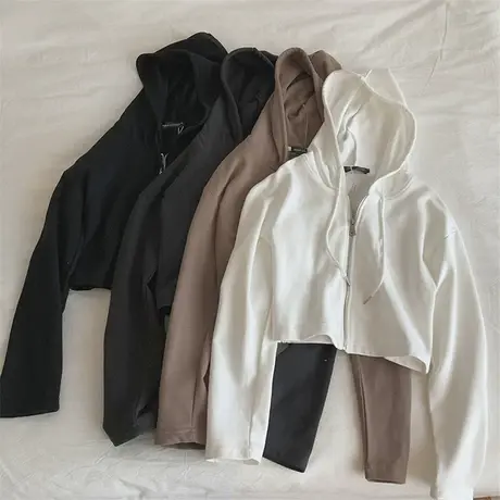 显身材bm风！秋装短款显瘦高腰连帽卫衣外套学生拉链衫女薄款上衣商品大图