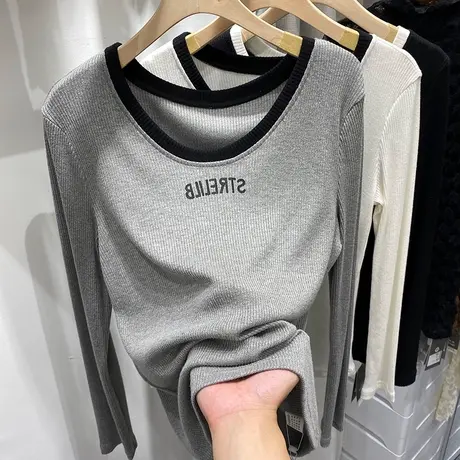 打底衫女内搭2024年新款春秋季韩版修身显瘦上衣洋气欧货长袖t恤商品大图