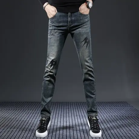 怀旧蓝色牛仔裤男款2023新款修身小脚弹力休闲男士牛仔长裤秋冬款商品大图