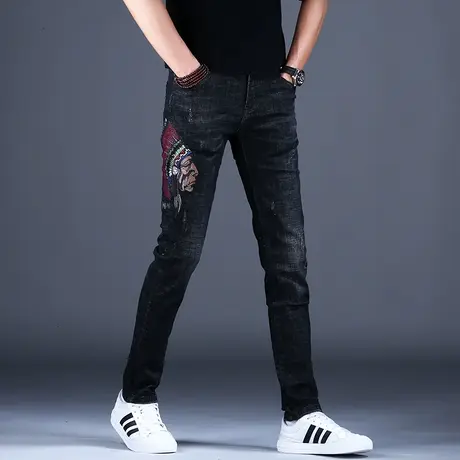 2023新款秋冬印第安刺绣牛仔裤男修身小脚裤子男百搭潮牌高端黑色商品大图