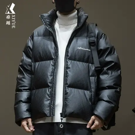 希越新国标鸭绒男羽绒服宽松大码冬季无帽立领保暖PU皮衣外套潮流商品大图