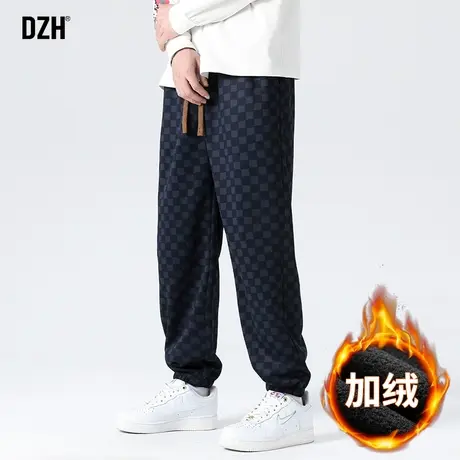 男士棋盘格加绒裤子男款美式高街冬季加厚休闲卫裤潮牌运动裤百搭商品大图