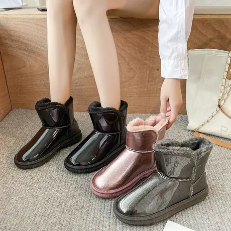 网红雪地棉靴女皮面防水皮毛一体冬季2023年新款加绒加厚东北棉鞋图片