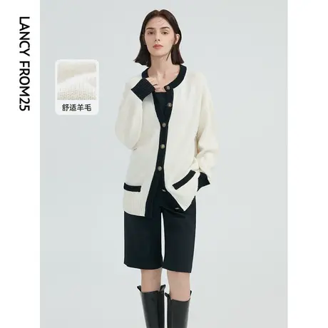 朗姿羊毛复古休闲撞色秋新款小香风毛针织衫女开衫外套上衣设计感商品大图