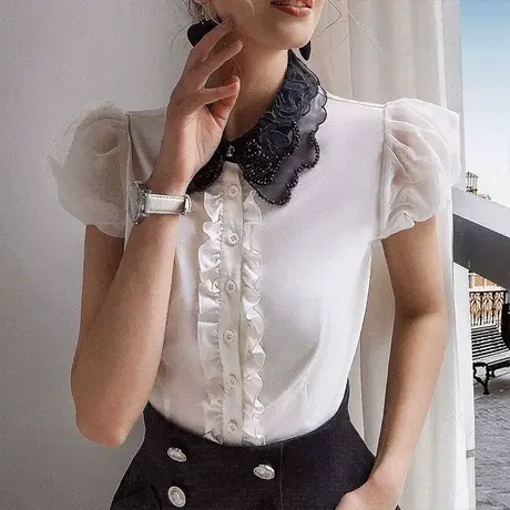 粉红大布娃娃白色衬衫女复古港味2021新款泡泡袖洋气短袖上衣夏商品大图