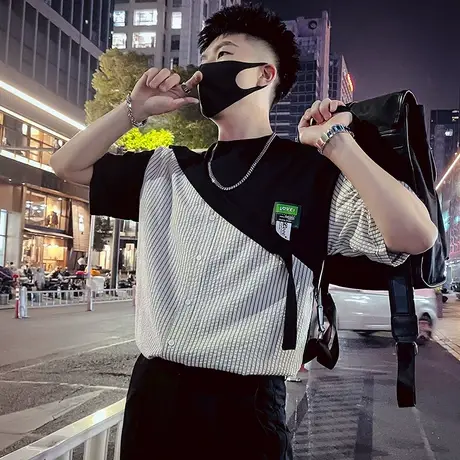 设计感T恤假两件男夏季潮牌宽松半袖体恤2023新款潮流休闲短袖t商品大图