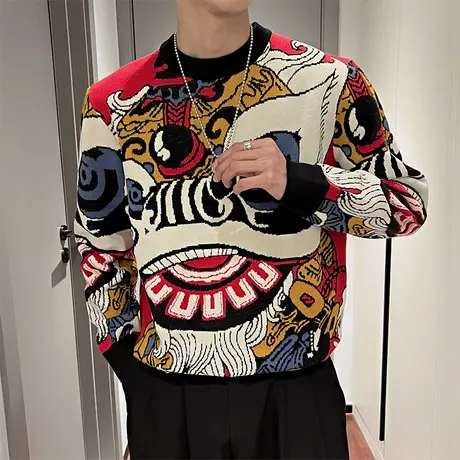 高级感国潮提花针织毛衣男冬季2023新款时尚轻熟个性保暖内搭线衣商品大图